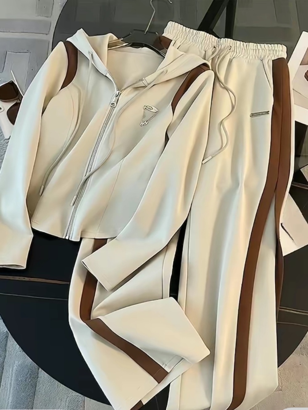 Women’s Cream Track Jacket & Pants Set with Brown Stripe